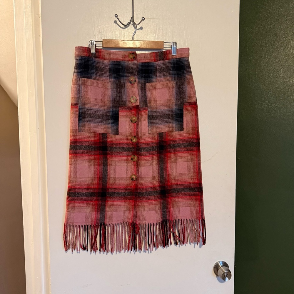 Anthropologie Maeve pink wool blend plaid fringe hem knee length pencil skirt - Picture 3 of 7